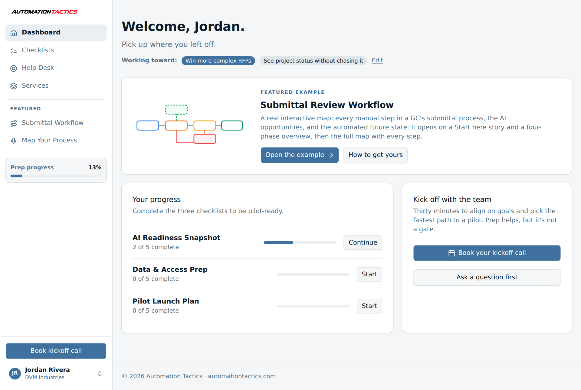 Workbench dashboard with engagement progress and the example workflow