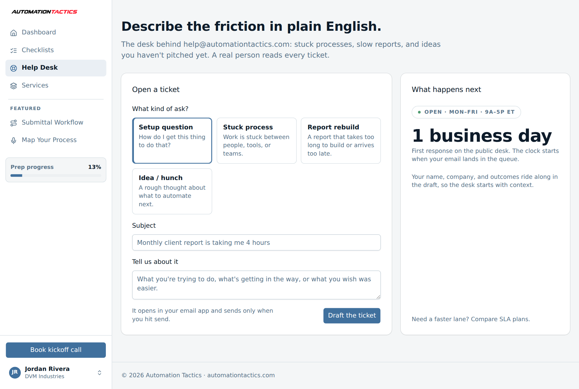 Workbench help desk: draft a ticket with your context attached